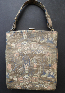 Unusual Vintage Fold Out Concertina Hand Bag - with Silver Exterior Decorated with Little Chinese Figures; 1940s