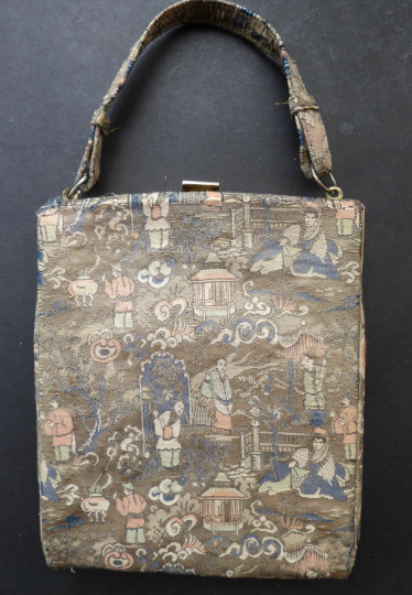 Unusual Vintage Fold Out Concertina Hand Bag - with Silver Exterior Decorated with Little Chinese Figures; 1940s