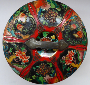 Large Circular VINTAGE Gray Dunn Biscuit Tin, with Japanese / Art Nouveau Decorations. Aesthetic Movement Colours