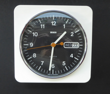 Load image into Gallery viewer, Vintage 1970s White Plastic and Chrome Wall Clock. Good Vintage Condition with Second Hand &amp; Date Window. Battery Operated
