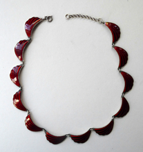 Load image into Gallery viewer, 1950s NORWEGIAN Guilloche Enamel and Silver Necklace by Elvik &amp; Co. with 12 Red Shell Shaped Links
