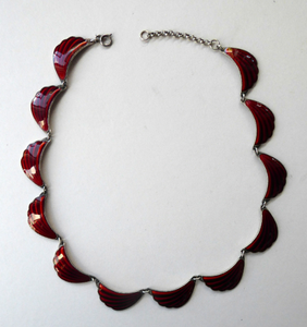 1950s NORWEGIAN Guilloche Enamel and Silver Necklace by Elvik & Co. with 12 Red Shell Shaped Links