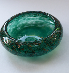 Pretty SCOTTISH MONART GLASS Shallow Pin Dish. Mottled Pale Blue and Green Glass with Gold Aventurine & Customary Raised Pontil Mark