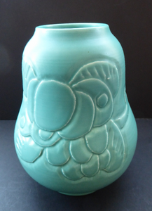 1930s CROWN DUCAL Byztantine or Danube Vase. Shaped 155. Matt Aqua Green Glaze with Sgraffito Floral Decorations