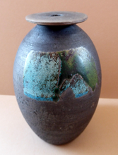 Load image into Gallery viewer, STUDIO POTTERY. Vintage 1960s Vase. Matt Black Lava Glaze &amp; Blue and Green Lustre Squares: GS Mark
