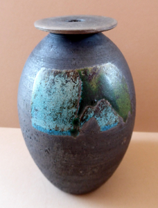 STUDIO POTTERY. Vintage 1960s Vase. Matt Black Lava Glaze & Blue and Green Lustre Squares: GS Mark