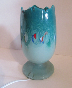 1950s Scottish VASART Glass Tulip Lamp in Swirly Grey-Blue and Aqua Shades with Tutti Frutti Flecks. WORKING