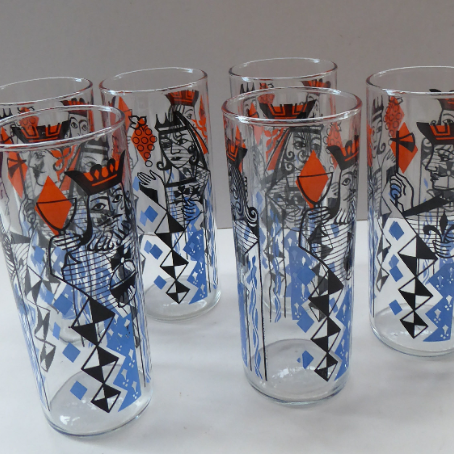 Vintage 1960s Ravenshead SIX Slim Jims Drinking Glasses. ROYALTY (Playing Cards) Design by Alexander Hardie-Williamson