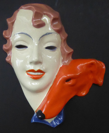 ART DECO Royal Dux, Czechoslovakia Wall Mask. 1930s Lady with Strange Hollow Eyes and Abstract Orange Borzoi Hound Dog