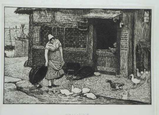 Antique Print Mealtime. Fishwife Feeding the Ducks by Robert Walker Macbeth
