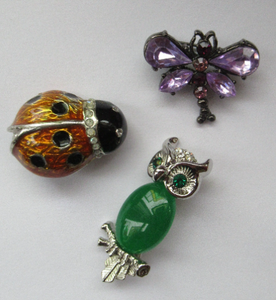 Dragonfly, Owl and Ladybird Vintage Brooches