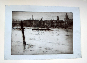 ES Lumsden Low Tide. The Thames Etching Drypoint Signed 1921