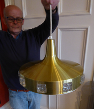 Load image into Gallery viewer, Carl Fagerlund. SWEDISH 1960s Gold Tone Pendant Lampshade with Clear Glass Inclusions and Original Diffuser Below
