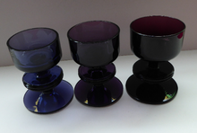 Load image into Gallery viewer, Stylish 1970s SHERINGHAM WEDGWOOD GLASS Set of Three Purple Candlesticks by Stennett-Wilson. 3 1/2 inches High
