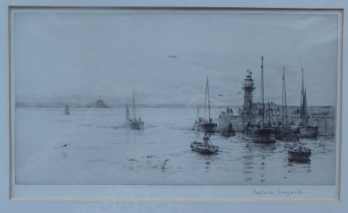 Rowland Langmaid Pencil Signed Etching Newlyn St Michael's Mount Cornwall