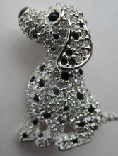 Load image into Gallery viewer, Vintage SWAROVSKI Crystal Brooch or Pin in the Shape of a Seated Dalmatian Puppy. In Original Box with Leaflet
