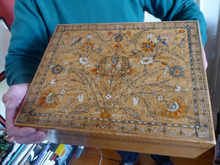 Load image into Gallery viewer, Antique 1930s Sewing Box with Original Folk Art Pen and Ink Decorations
