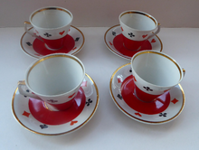 Load image into Gallery viewer, Four Polish CHODZIEZ Mid-Century Porcelain Tea Cups and Saucers. Playing Cards Design for BRIDGE
