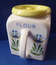 Load image into Gallery viewer, 1950s BRISTOL POTTERY Kitchen Canister or Storage Jar. Vintage Old Delft Tulip Design with Carrying Handle. FLOUR
