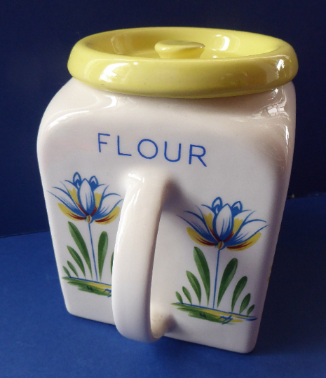 1950s BRISTOL POTTERY Kitchen Canister or Storage Jar. Vintage Old Delft Tulip Design with Carrying Handle. FLOUR