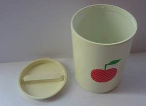 Quirky Vintage Storage Pot or Ice Bucket. Space Age White Plastic with Abstract Red Apple Motif, 1960s