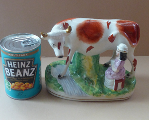 Genuine ANTIQUE STAFFORDSHIRE Figurine. Woman / Milkmaid with Large Cow by a Stream; 1880s