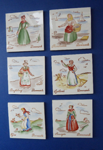 Load image into Gallery viewer, Vintage DANISH Miniature Ceramic Tiles. Folk Art Images of Ladies Working. Each Wears a Regional Costume
