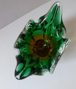 HOSPODKA STYLE; Made in Czechoslovakia Label. Fine Chunky 1960s Green and Yellow Cased Glass Bowl
