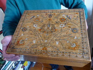 Antique 1930s Sewing Box with Original Folk Art Pen and Ink Decorations