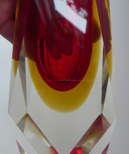 Load image into Gallery viewer, Vintage 1960s MURANO Mandruzzato Sommerso Facet Cut Vase. Double Cased with Red and Yellow Layers
