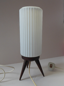 Vintage 1950s Scandinavian Style Table Lamp with Rosewood Tripod Feet and Tall Fluted White Glass Shade