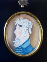 Load image into Gallery viewer, ANTIQUE Portrait Miniature of a Lady in a Cap. Watercolour Study in Antique Black Wooden Frame with Acorn Hanging Ring; c 1830s
