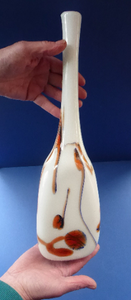 Mid-Century Italian V.B Opaline Vase with Orange and Black Stripes & Streaks; with Attenuated Neck. 17 inches in height