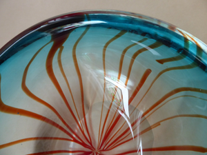 Unusual Chunky Blue Glass Bowl with Flat Polished Pontil Base - with Red Stripes from the Centre. Probably Italian, Murano