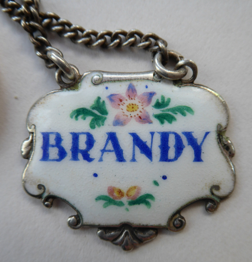 VINTAGE Silver and Enamel BRANDY Decanter or Bottle Label Birmingham Hallmarked 1957