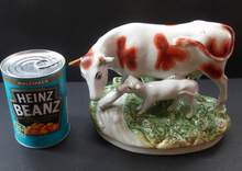 Load image into Gallery viewer, ANTIQUE STAFFORDSHIRE Figurine. Large Cow with her White Calf on Raised Oval Base; 1880s
