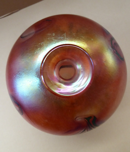 JOHN DITCHFIELD GLASFORM Globular Vase. Pink with Gold Lustre and Feathered Stripe Trails. Signed and with Paper Label