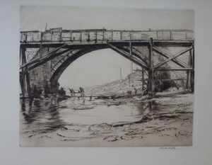 SCOTTISH ART. Sir Muirhead Bone (1876 - 1953). Repairing the Auld Brig at Ayr (No.1). Pencil signed etching. Dated 1909