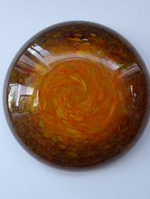Load image into Gallery viewer, Wee SCOTTISH MONART GLASS Shallow Pin Dish. Mottled Orange, Red, Yellow and Brown Glass with Gold Aventurine &amp; Customary Raised Pontil Mark
