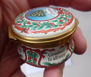 Vintage Halcyon Days Enamels Christmas Box 1988. Christmas Tree & Holly Motifs. Excellent Condition