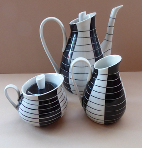 1950s Polish Porcelain Coffee Set by Marian Pasich for Chodziez. Stylish and Extremely Rare Black and White Stripes Set