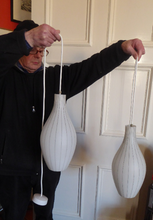 Load image into Gallery viewer, Mid-Century Design Classic. 1950s Skittle Shaped Glass Hanging Lampshade; possibly Danish. Opaque White Glass with Grey Stripes
