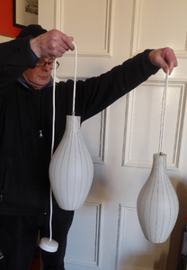 Mid-Century Design Classic. 1950s Skittle Shaped Glass Hanging Lampshade; possibly Danish. Opaque White Glass with Grey Stripes