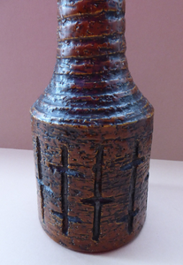 NORWEGIAN AWF (Arnold Wiigs Fabrikker) Pottery Vase with Long Neck and Finger Loop. Incised Decoration and Green Glossy Glaze Inside
