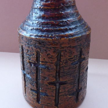 NORWEGIAN AWF (Arnold Wiigs Fabrikker) Pottery Vase with Long Neck and Finger Loop. Incised Decoration and Green Glossy Glaze Inside