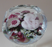 Load image into Gallery viewer, Rare RICK AYOTTE Limited Edition 1995 Cushion Cut Paperweight: Floral / Roses. LARGE SIZE 
