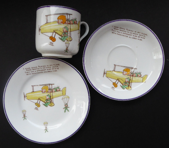 Rare 1930s SHELLEY POTTERY Mabel Lucie Attwell Boo-Boos Matched Trio: Cup, Saucer & Side Plate. Aeroplane Design