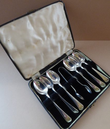 Boxed Set Silver Plate Teaspoons and Sugar Tongs