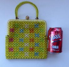 Load image into Gallery viewer, GOOD QUALITY Vintage 1960s Yellow Coloured Beaded Evening Bag - with Fine Gold Tone Clasp and Pair of Beaded Handles
