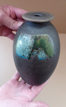 Load image into Gallery viewer, STUDIO POTTERY. Vintage 1960s Vase. Matt Black Lava Glaze &amp; Blue and Green Lustre Squares: GS Mark
